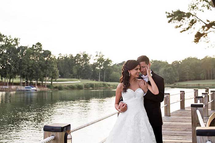 Bride and Groom wedding on the boardwalk at Trump National Charlotte Lake Norman