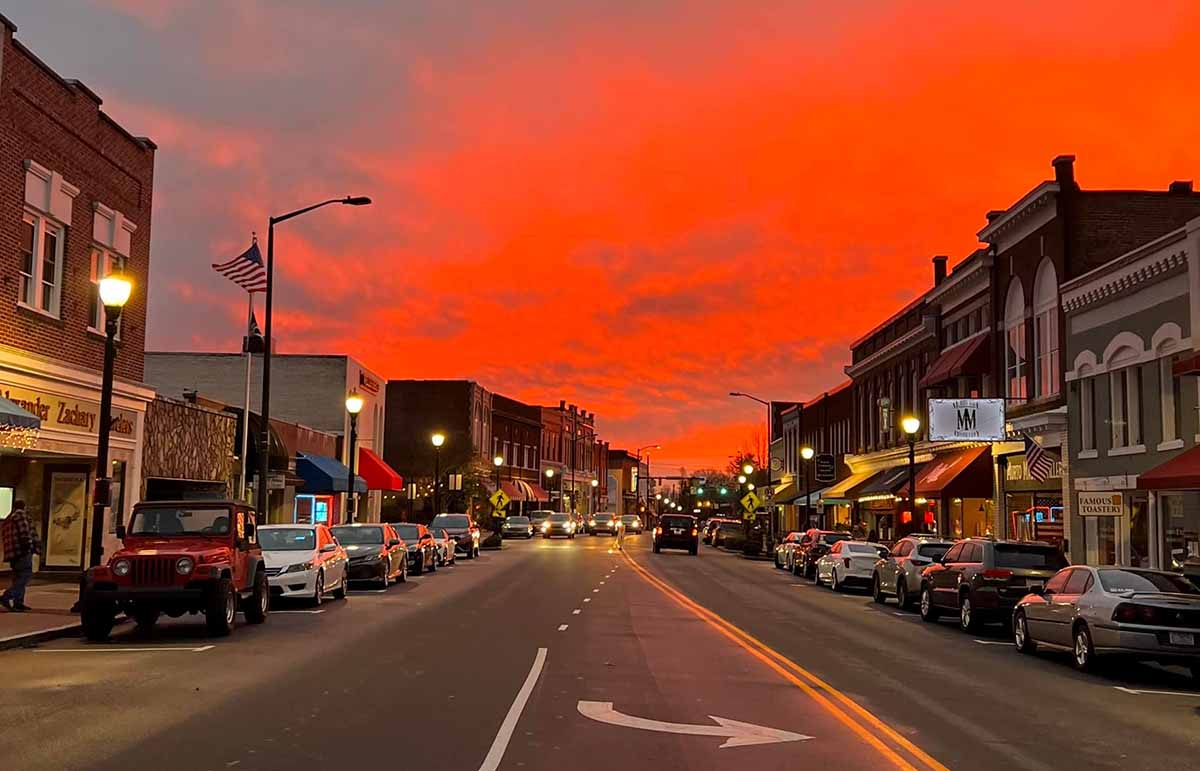 Brilliant sunset over Main Street in downtown Mooresville